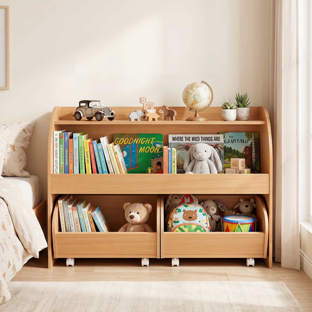 3-Tier Kids Toy Storage Organizer with 2 Rolling Drawers Bookcase for Kids Room-Natural