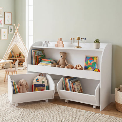 3-Tier Kids Toy Storage Organizer with 2 Rolling Drawers Bookcase for Kids Room-White