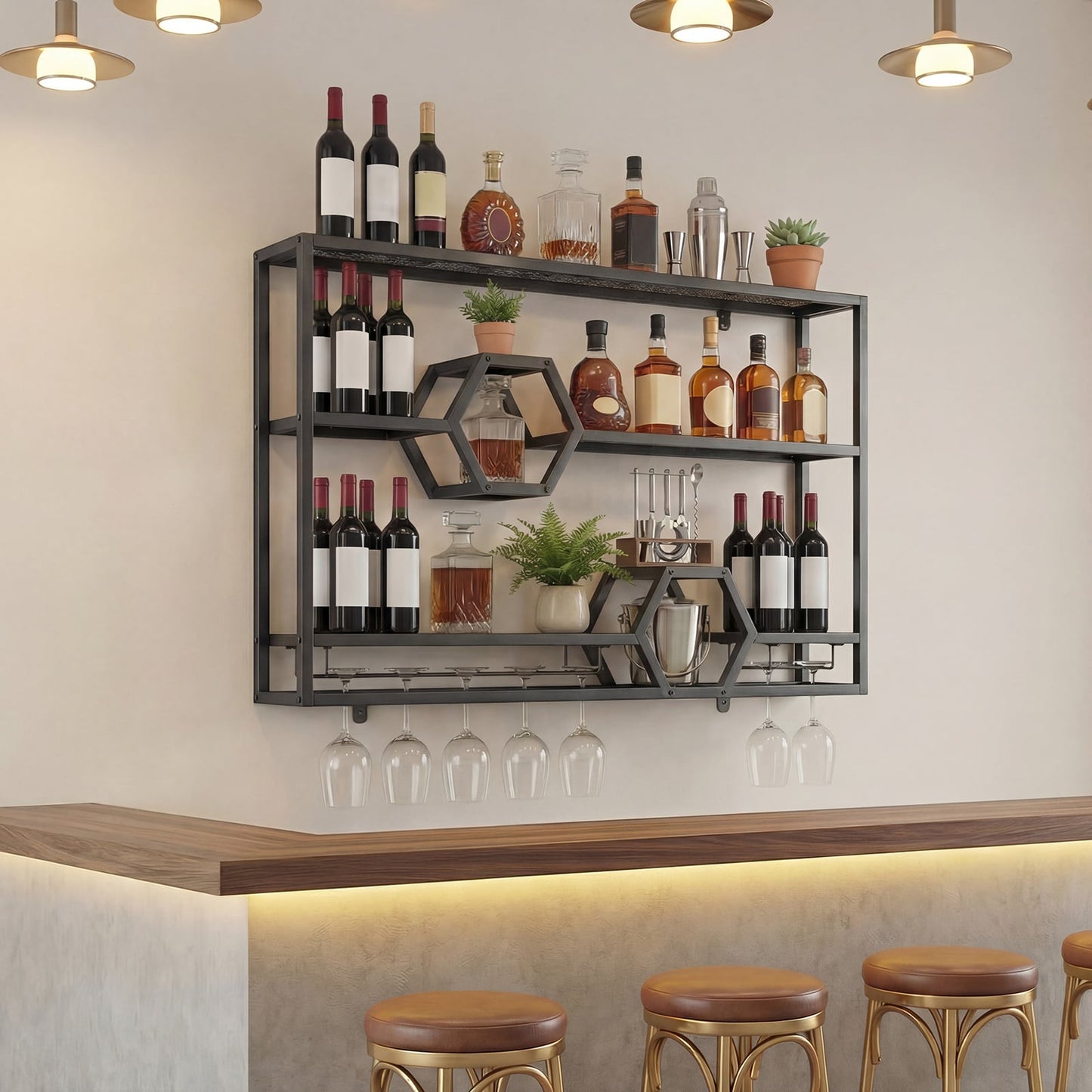 3-Tier Metal Wall Mounted Wine Rack with Glass Holder for Home Bar-Black