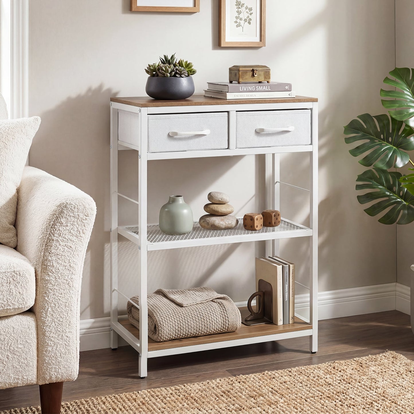 3-Tier Narrow Console Table with 2 Fabric Drawers and Open Shelves-Natrual