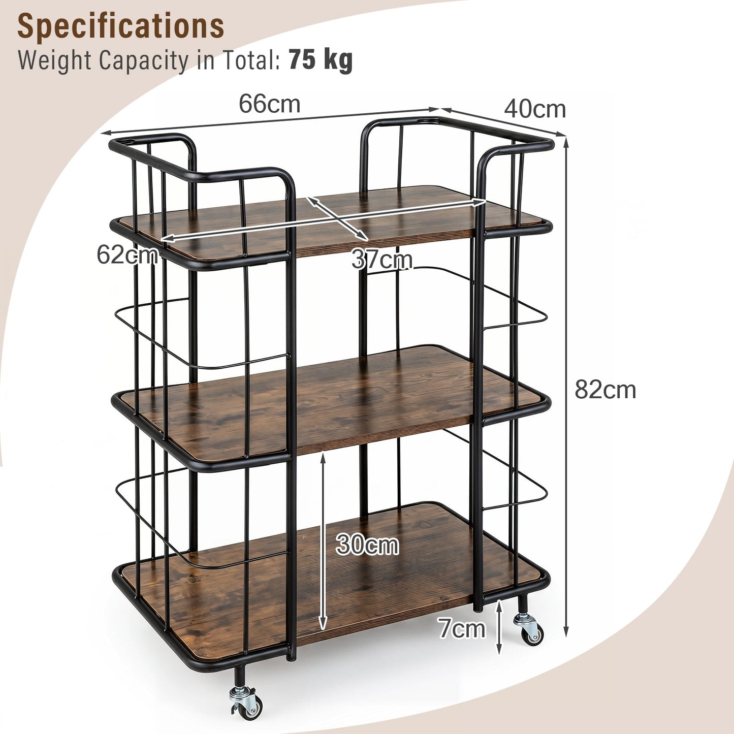 3-Tier Rolling Buffet Serving Cart with Lockable Wheels and Metal Frame-Rusticbrown