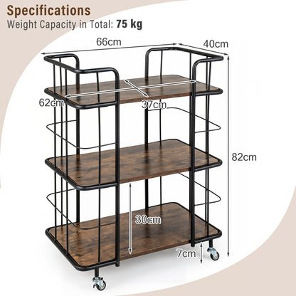 3-Tier Rolling Buffet Serving Cart with Lockable Wheels and Metal Frame-Rusticbrown