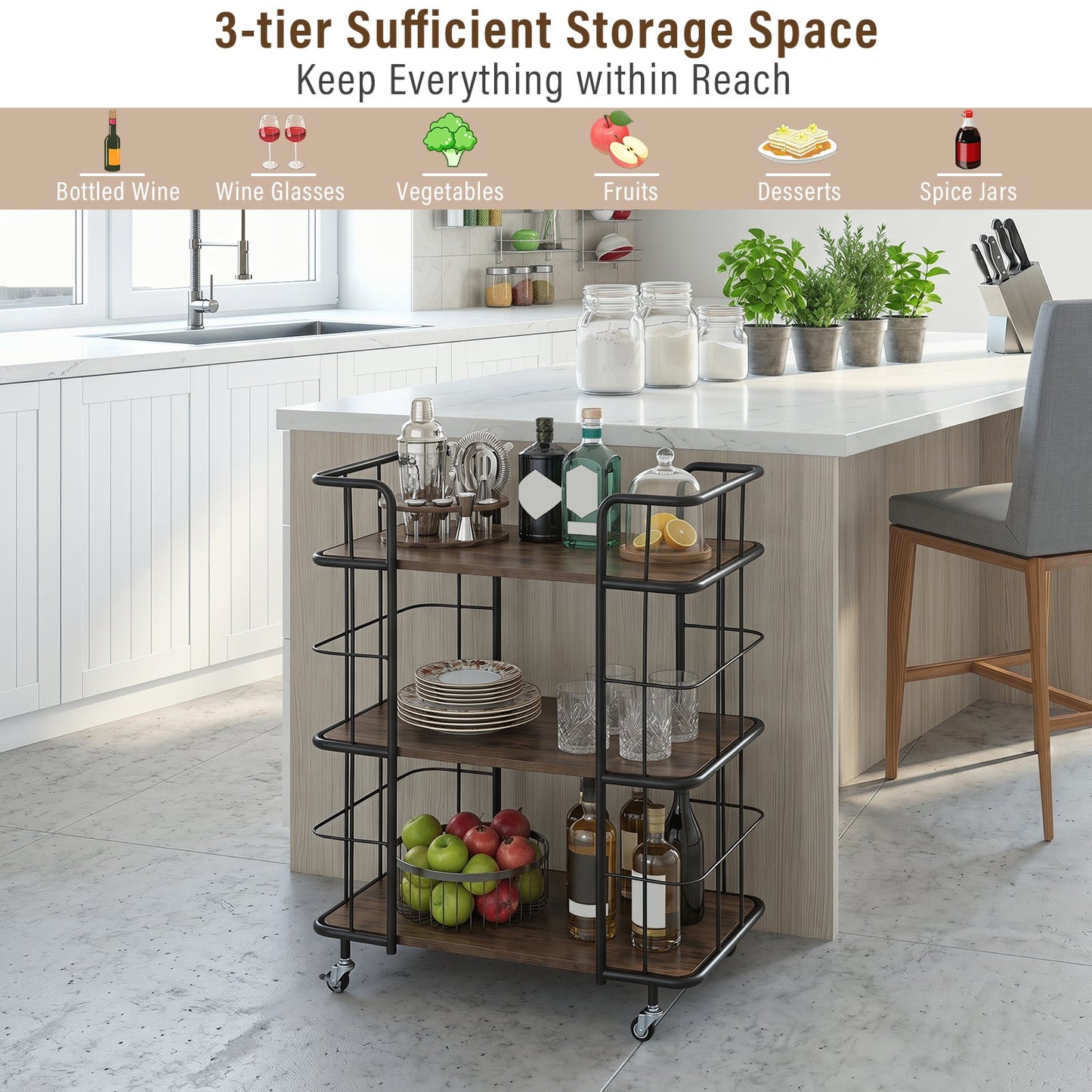 3-Tier Rolling Buffet Serving Cart with Lockable Wheels and Metal Frame-Rusticbrown