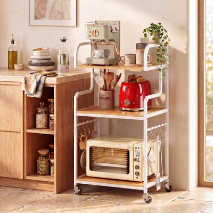 3-Tier Rolling Printer Stand with Storage Shelves and Hooks-Natural