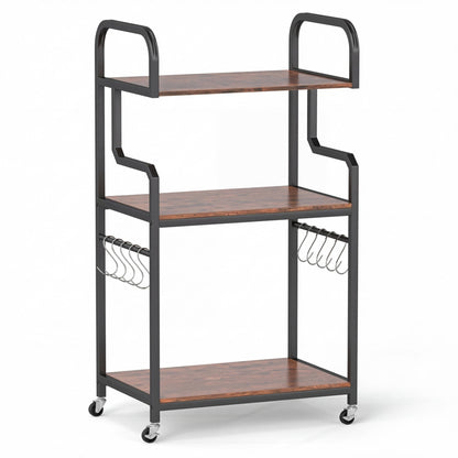3-Tier Rolling Printer Stand with Storage Shelves and Hooks-Rustic Brown