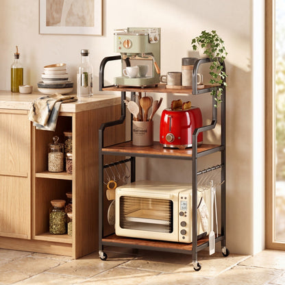 3-Tier Rolling Printer Stand with Storage Shelves and Hooks-Rustic Brown