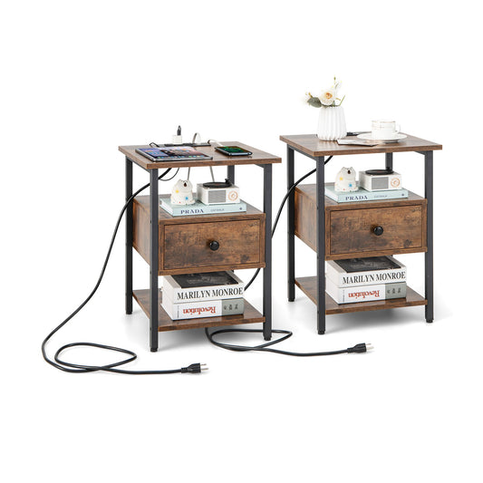 3-Tier Set of 2 Nightstand with Charging Station Open Shelves and Drawer