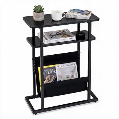 3-Tier Slim Narrow Side Table with Magazine Holder and Storage Shelf for Small Space-Black