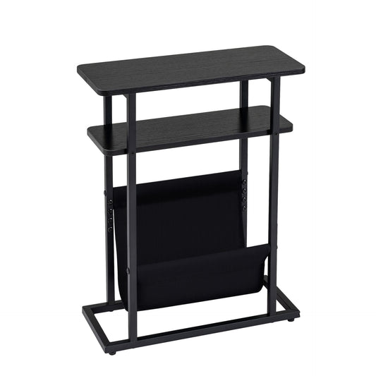 3-Tier Slim Narrow Side Table with Magazine Holder and Storage Shelf for Small Space-Black