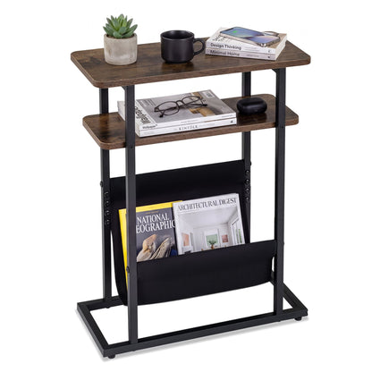 3-Tier Slim Narrow Side Table with Magazine Holder and Storage Shelf for Small Space-Rustic Brown