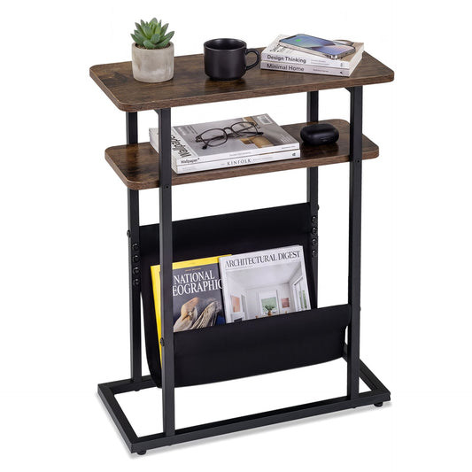 3-Tier Slim Narrow Side Table with Magazine Holder and Storage Shelf for Small Space-Rustic Brown