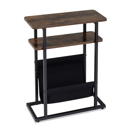 3-Tier Slim Narrow Side Table with Magazine Holder and Storage Shelf for Small Space-Rustic Brown