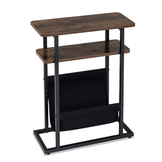 3-Tier Slim Narrow Side Table with Magazine Holder and Storage Shelf for Small Space-Rustic Brown