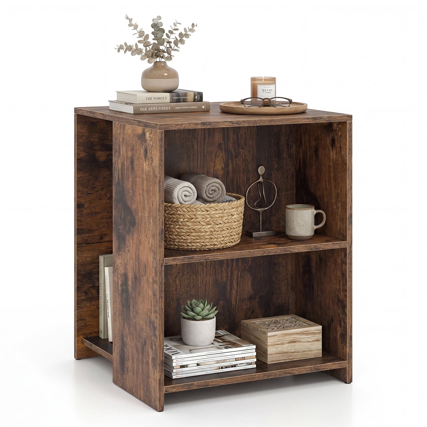 3-Tier Square Wooden End Table with Open Storage Shelves-Rusticbrown