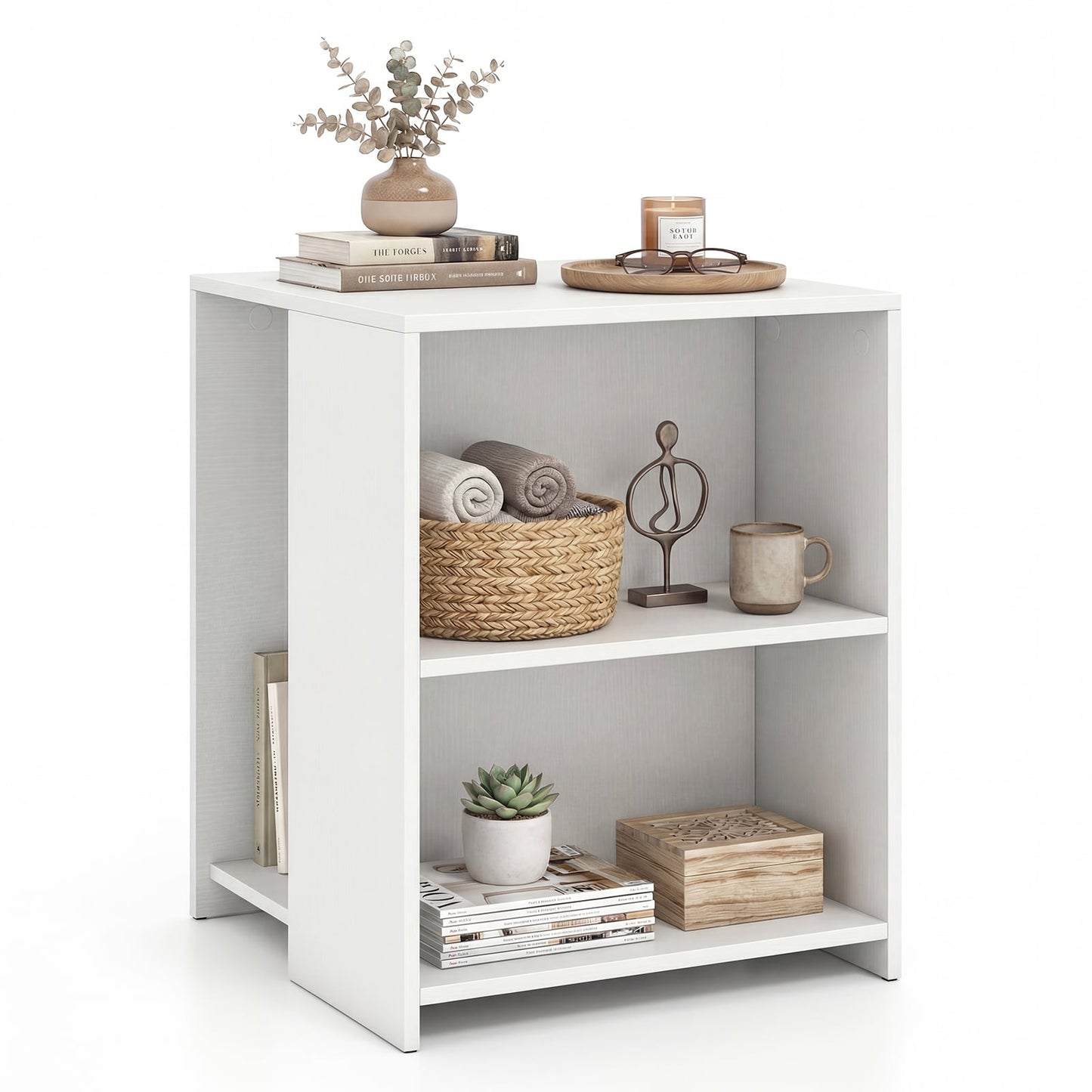 3-Tier Square Wooden End Table with Open Storage Shelves-White