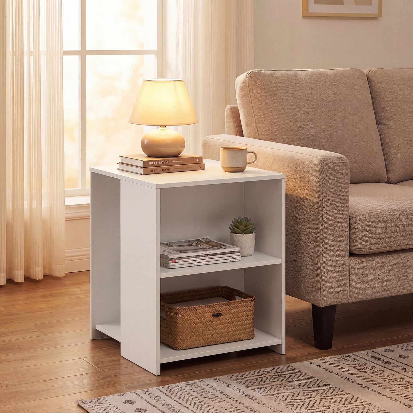 3-Tier Square Wooden End Table with Open Storage Shelves-White