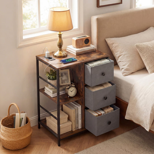 3-Tier Storage Cabinet with Charging Hub and Storage Shelf-Rustic Brown