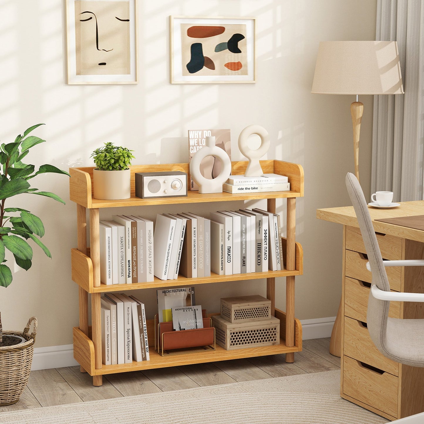 3-Tier Wooden Bookshelf with Sturdy Pine Wood Posts and Elevated Guardrails for Living Room-Natrual