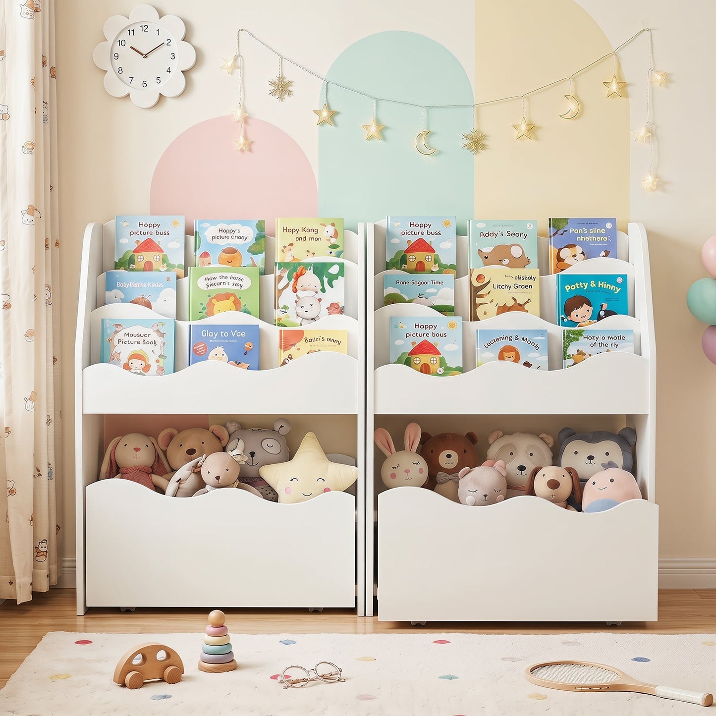 3-Tier Wooden Kids Book Shelf with Large Rolling Storage Drawer and Anti-Toppling Devices-White