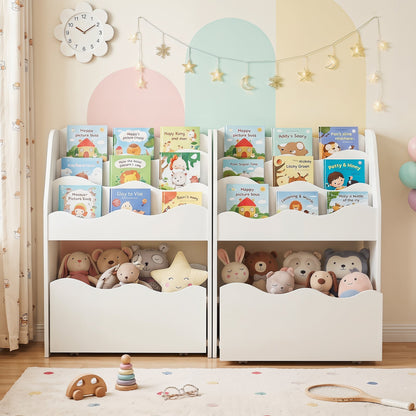 3-Tier Wooden Kids Book Shelf with Large Rolling Storage Drawer and Anti-Toppling Devices-White