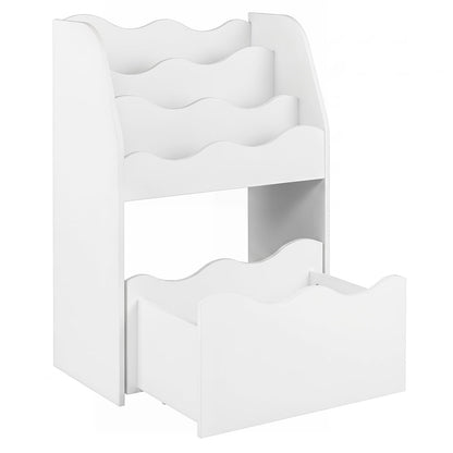 3-Tier Wooden Kids Book Shelf with Large Rolling Storage Drawer and Anti-Toppling Devices-White