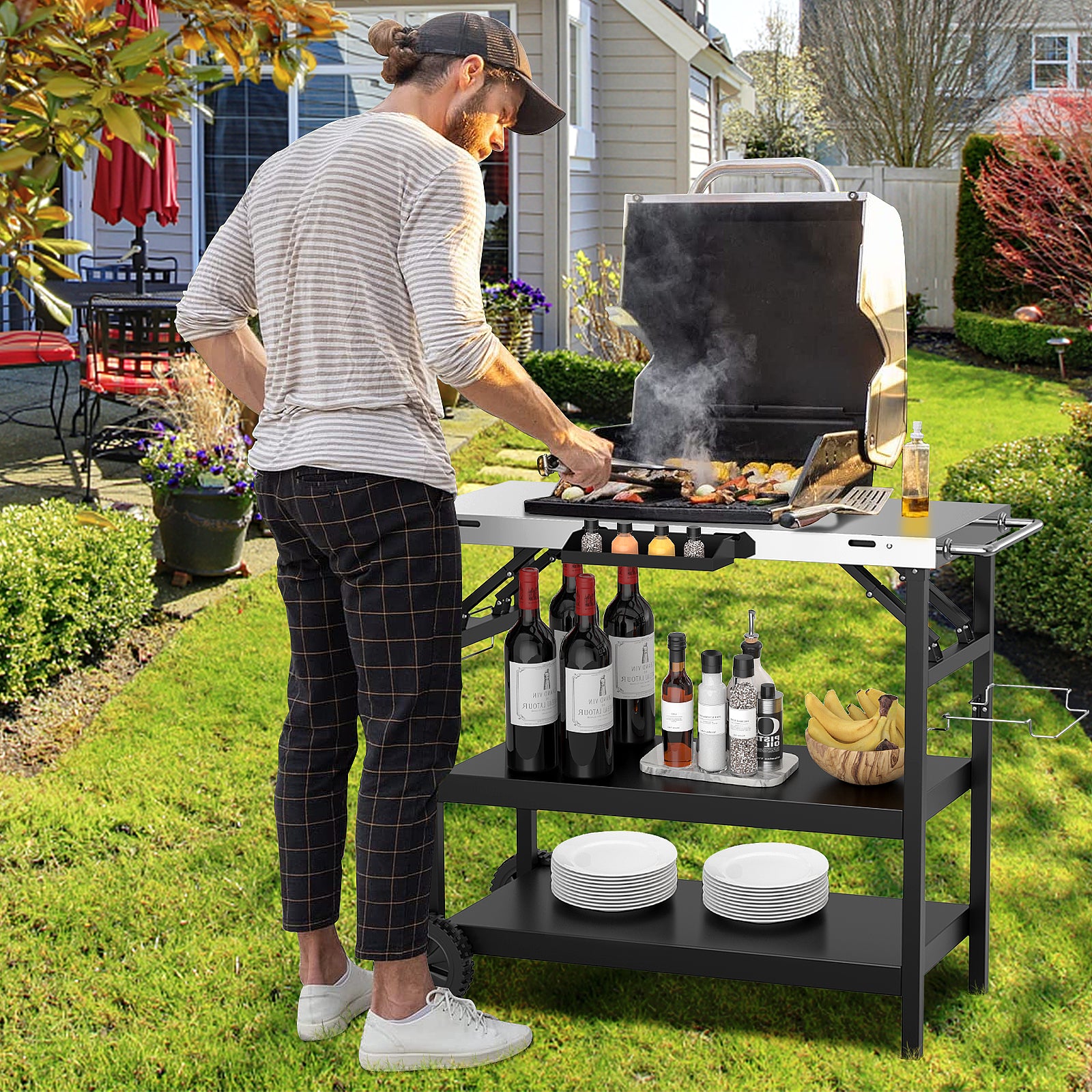 3-Tier Foldable Stainless Outdoor Cart with 2 Wheels-Black