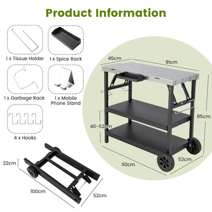 3-Tier Foldable Stainless Outdoor Cart with 2 Wheels-Black