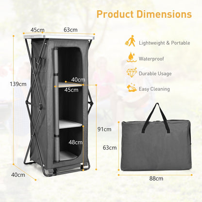 3-Tier Folding Camping Storage Cabinet with Side Pockets and Carry Bag-XL