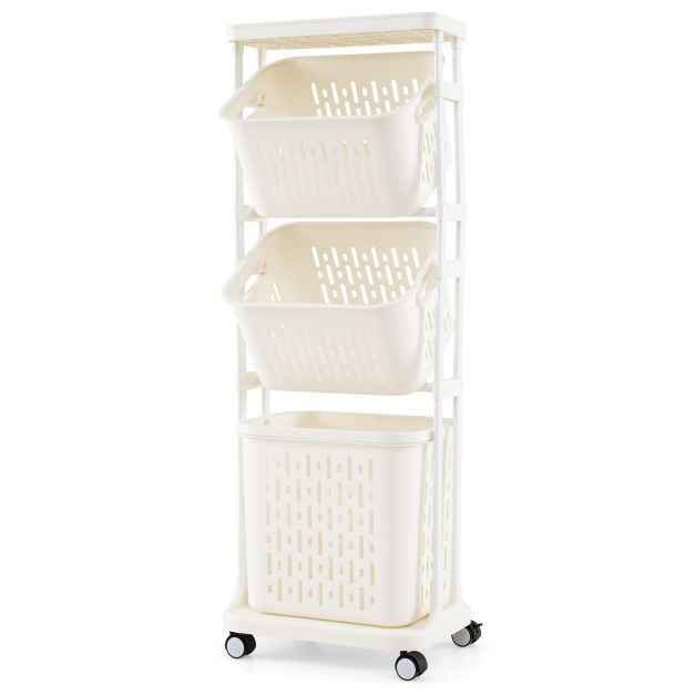 3-Tier Laundry Hamper Cart with 4 Rolling Wheels-White