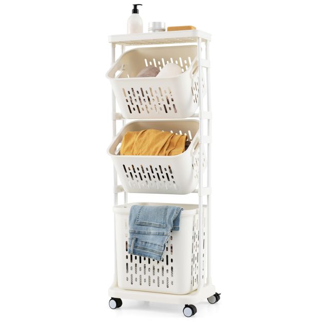 3-Tier Laundry Hamper Cart with 4 Rolling Wheels-White