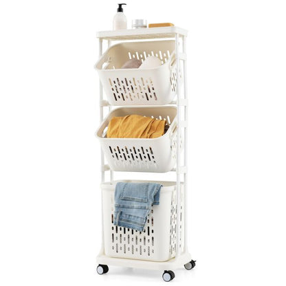 3-Tier Laundry Hamper Cart with 4 Rolling Wheels-White