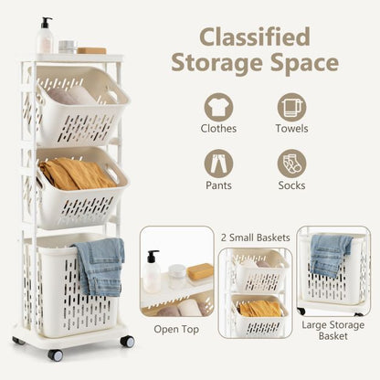 3-Tier Laundry Hamper Cart with 4 Rolling Wheels-White