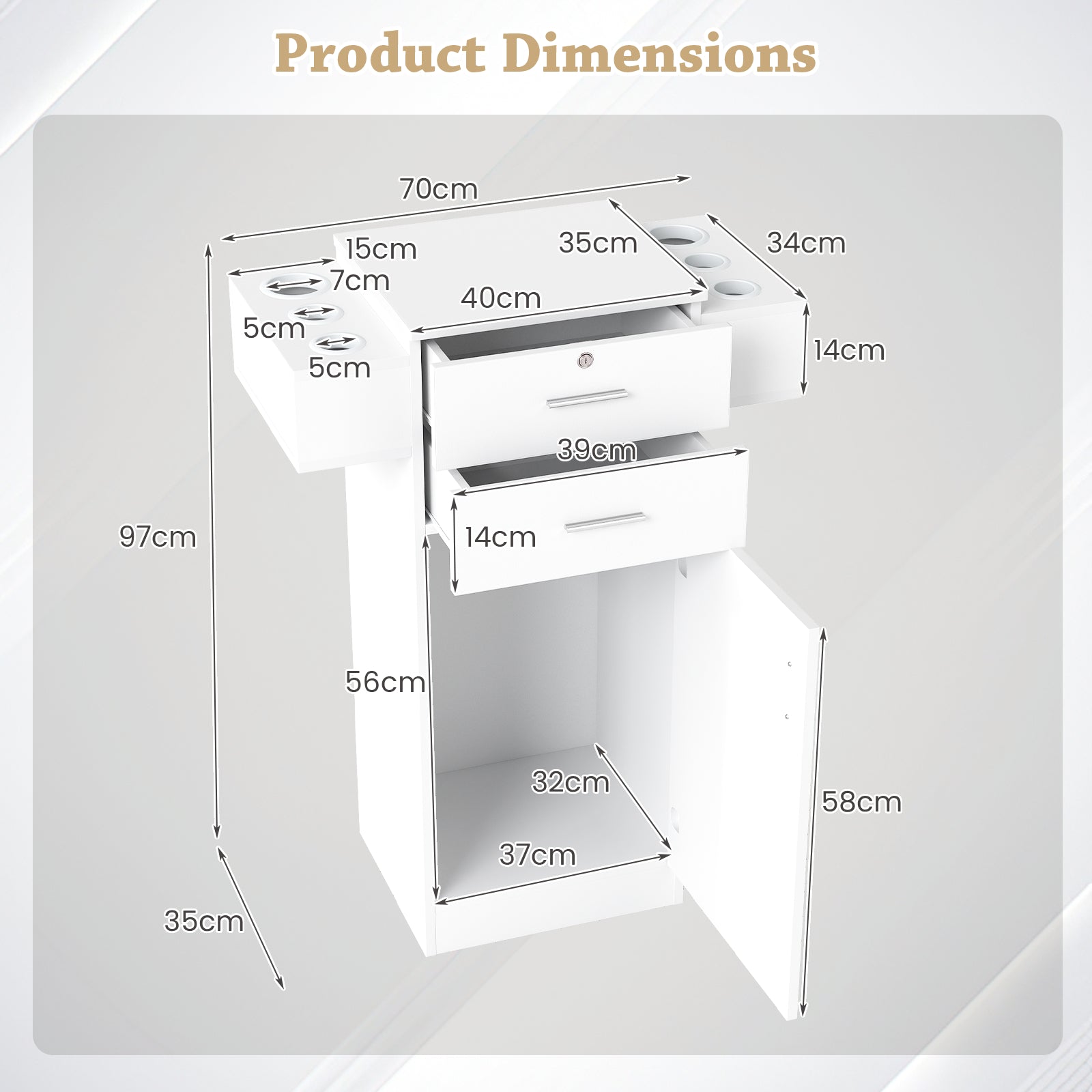 3-Tier Locking Salon Storage Cabinet with 2 Drawers and 6 Hair Dryer Holders-White