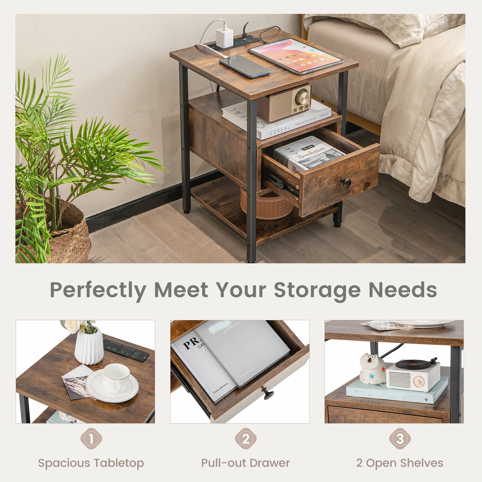 3-Tier Nightstand with Charging Station Open Shelves and Drawer-Brown