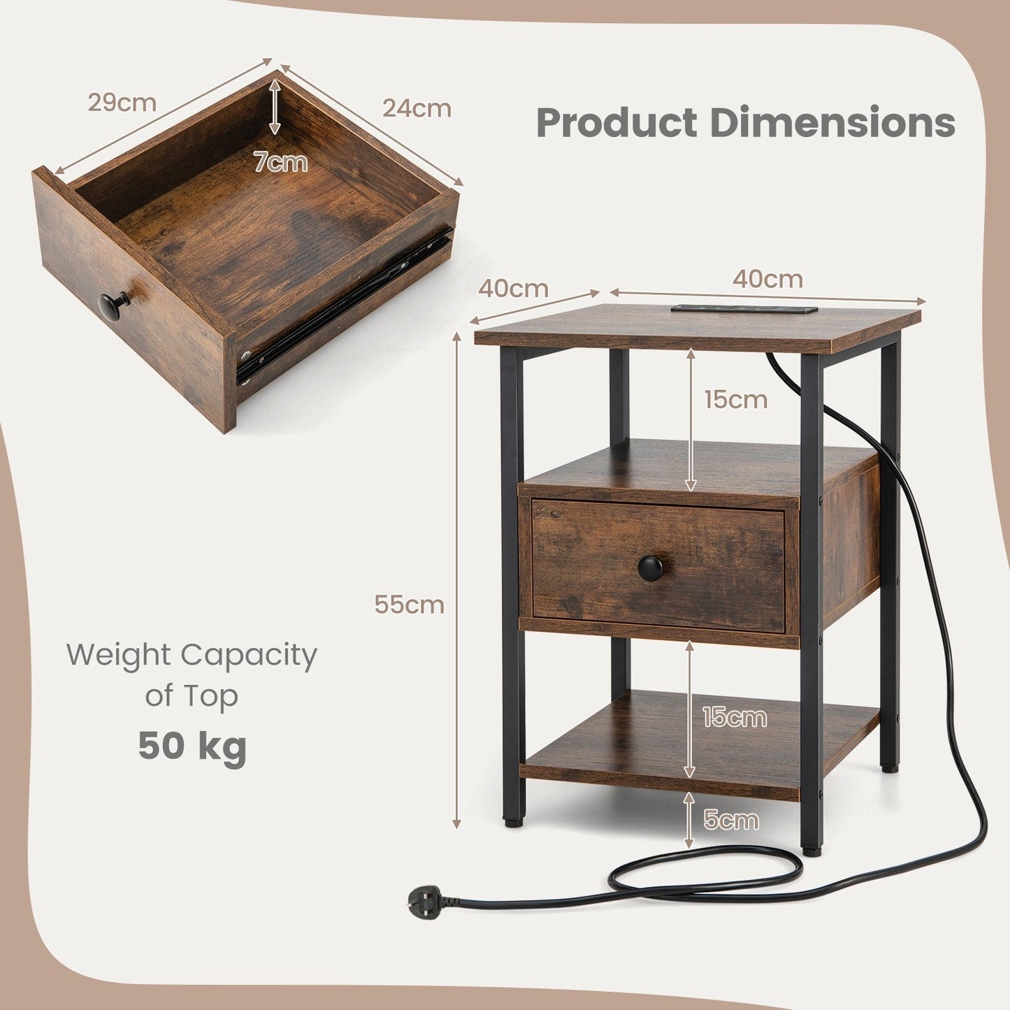 3-Tier Nightstand with Charging Station Open Shelves and Drawer-Brown