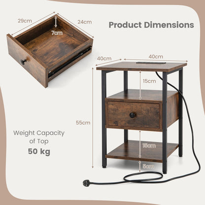 3-Tier Nightstand with Charging Station Open Shelves and Drawer-Brown