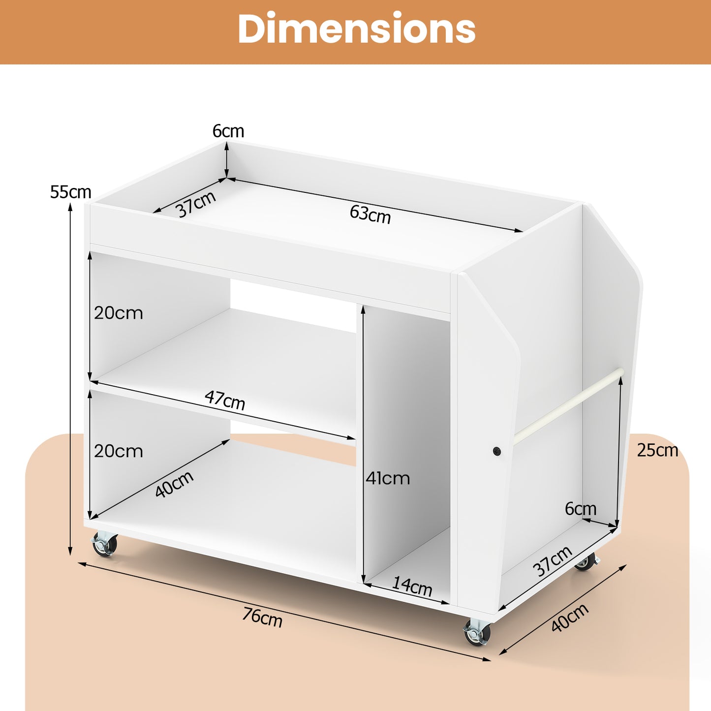 3-Tier Side End Table Rolling Nightstand with Universal Wheels-White