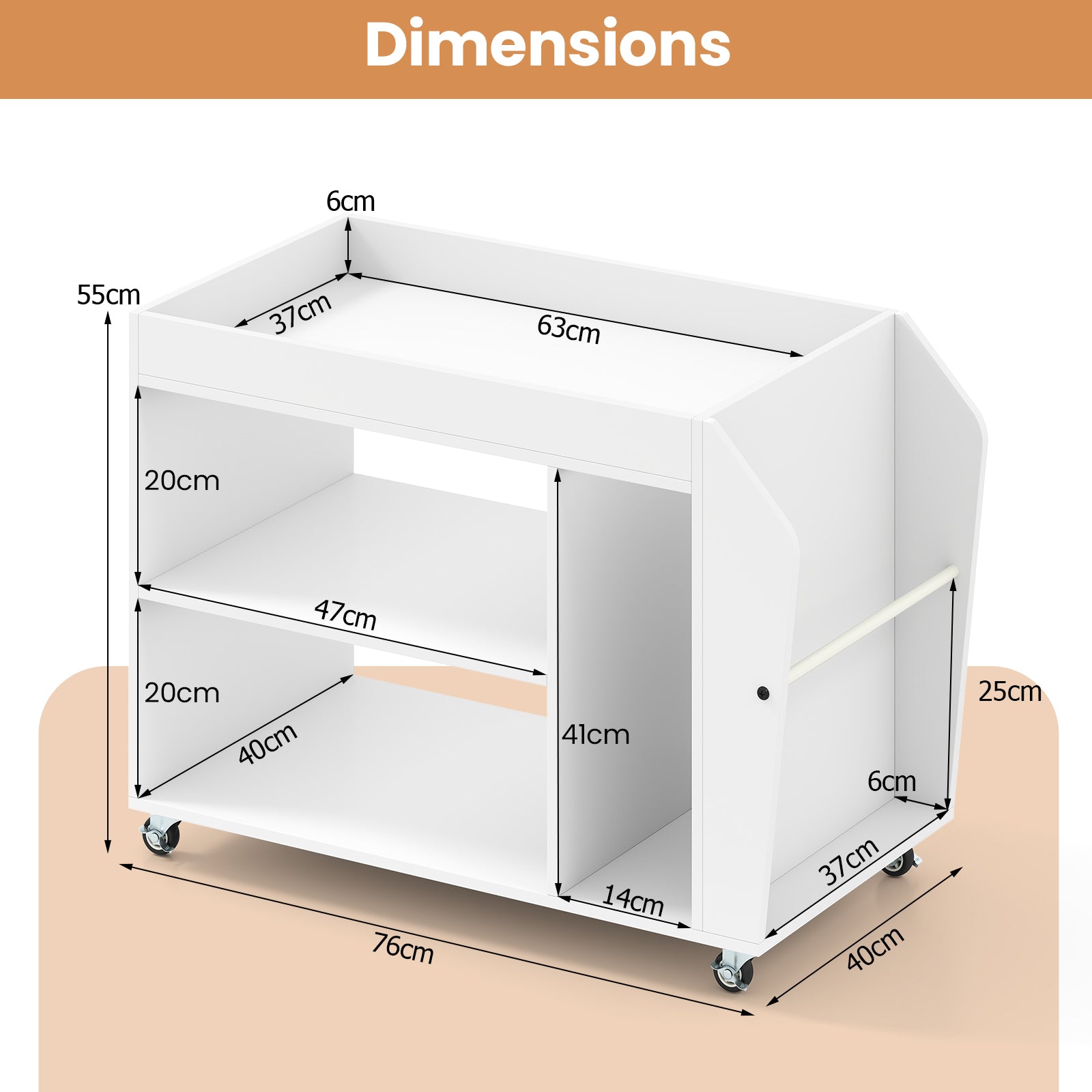 3-Tier Side End Table Rolling Nightstand with Universal Wheels-White