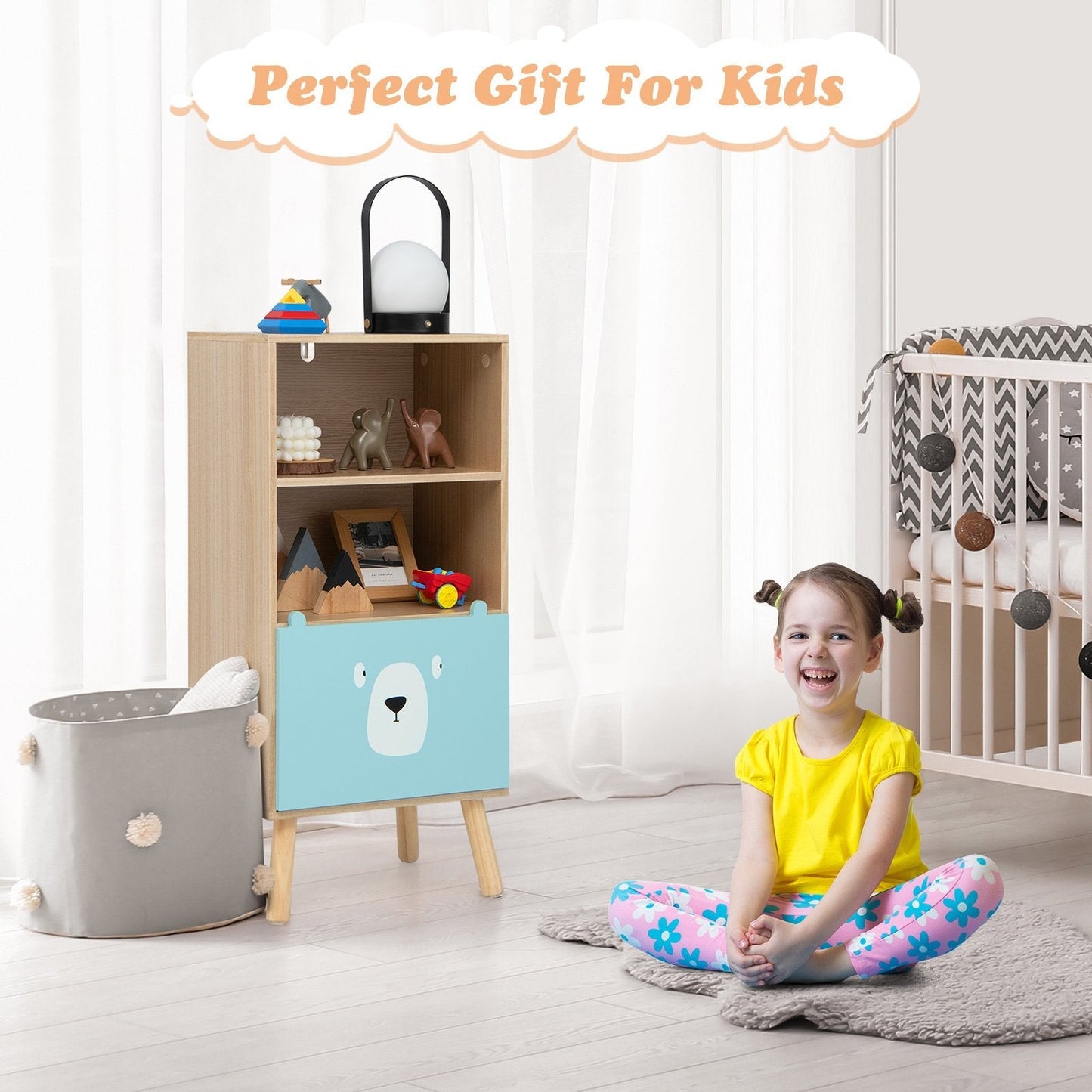 3-Tier Wood Kids Storage Shelf with Storage Drawer-Natural