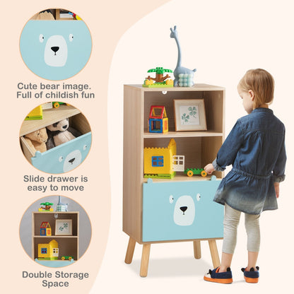 3-Tier Wood Kids Storage Shelf with Storage Drawer-Natural