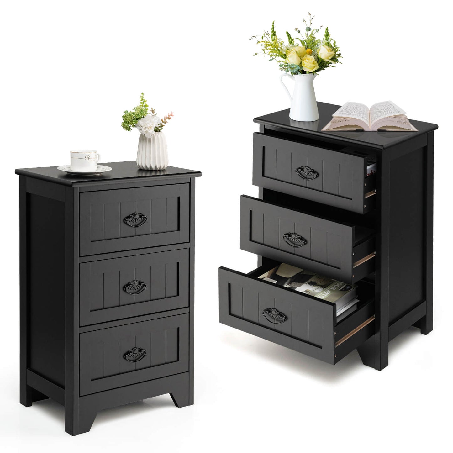 3-Tier Vintage Nightstand with Exquisite Metal Handles-Black
