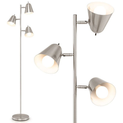 3-Bulb Floor Lamp with 3 E26 A19 Bulbs and Adjustable Lampshades-Silver