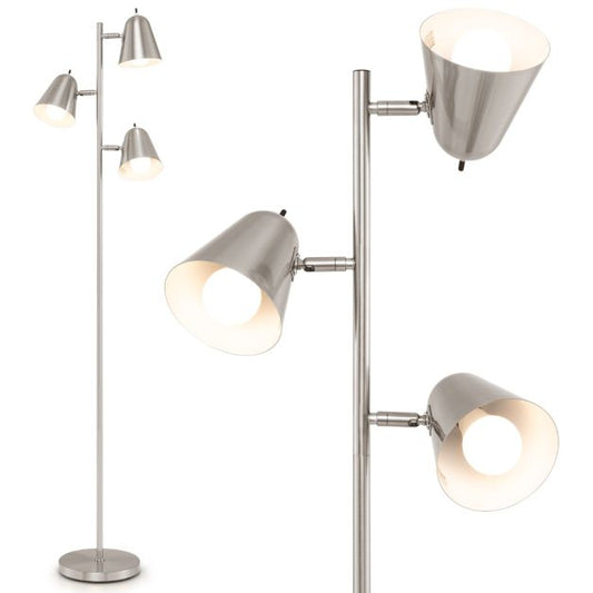 3-Bulb Floor Lamp with 3 E26 A19 Bulbs and Adjustable Lampshades-Silver