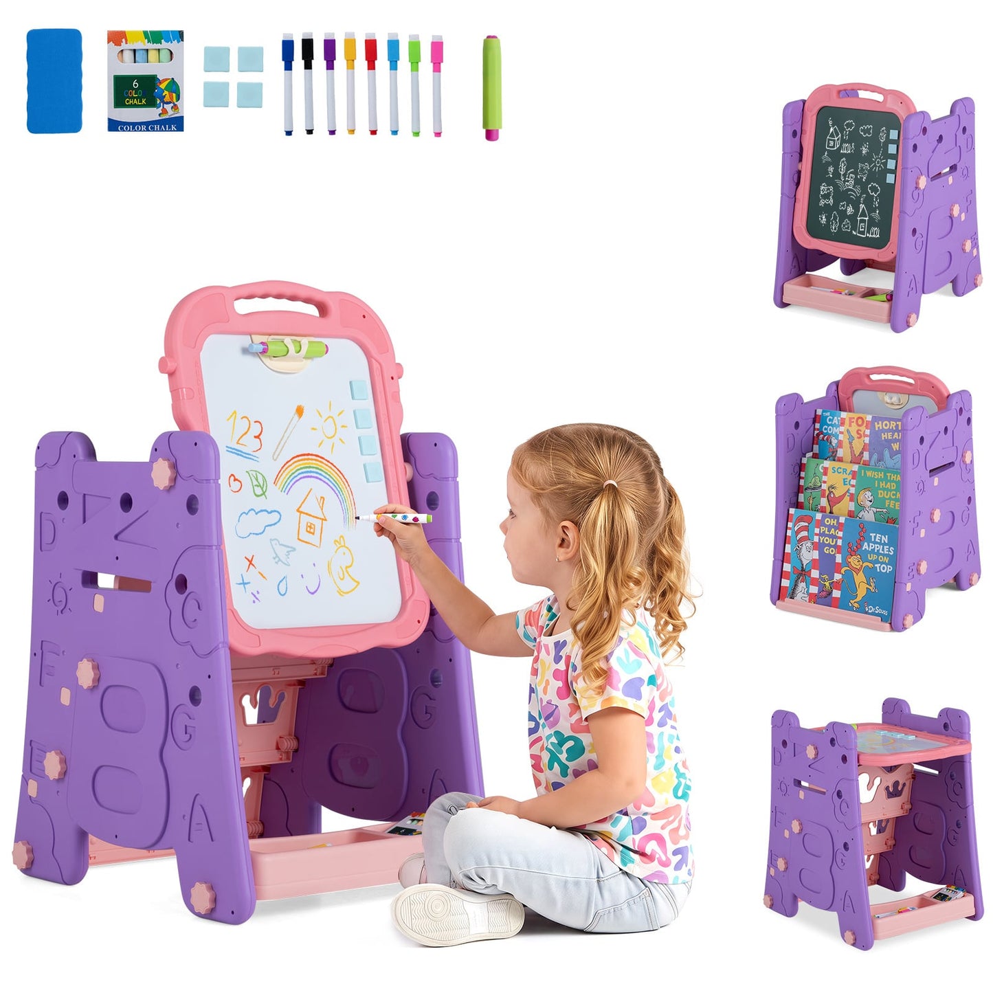 3 in 1 Art Easel for Kids Double Sided Magnetic Board Chalkboard and Whiteboard-Pink
