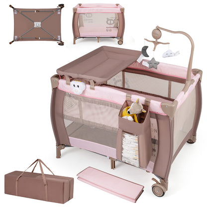 3 in 1 Baby Activity Center Foldable Pack and Play with Diaper Changing Table-Pink
