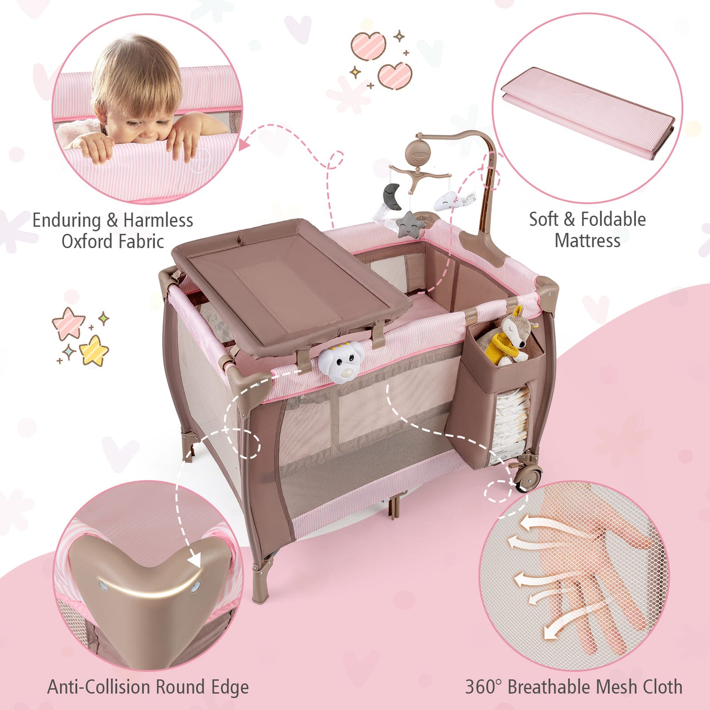 3 in 1 Baby Activity Center Foldable Pack and Play with Diaper Changing Table-Pink