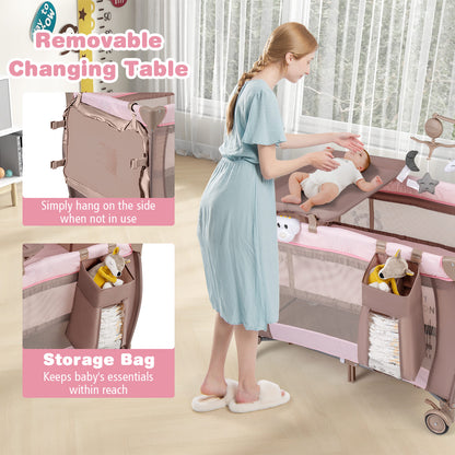 3 in 1 Baby Activity Center Foldable Pack and Play with Diaper Changing Table-Pink
