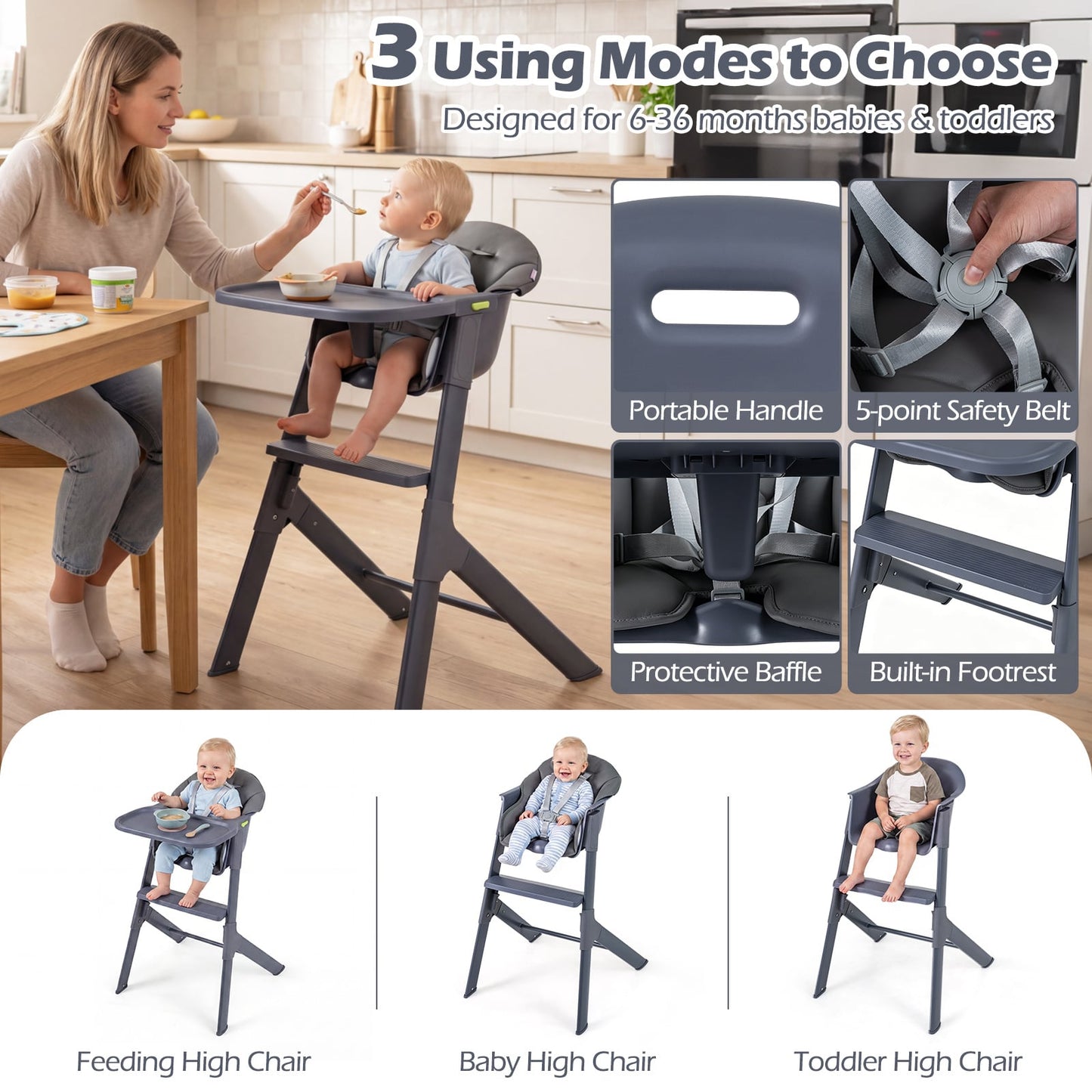 3-in-1 Baby High Chair with Detachable Tray & Safety Belt for 6-36 Months-Grey