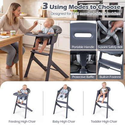 3-in-1 Baby High Chair with Detachable Tray & Safety Belt for 6-36 Months-Grey