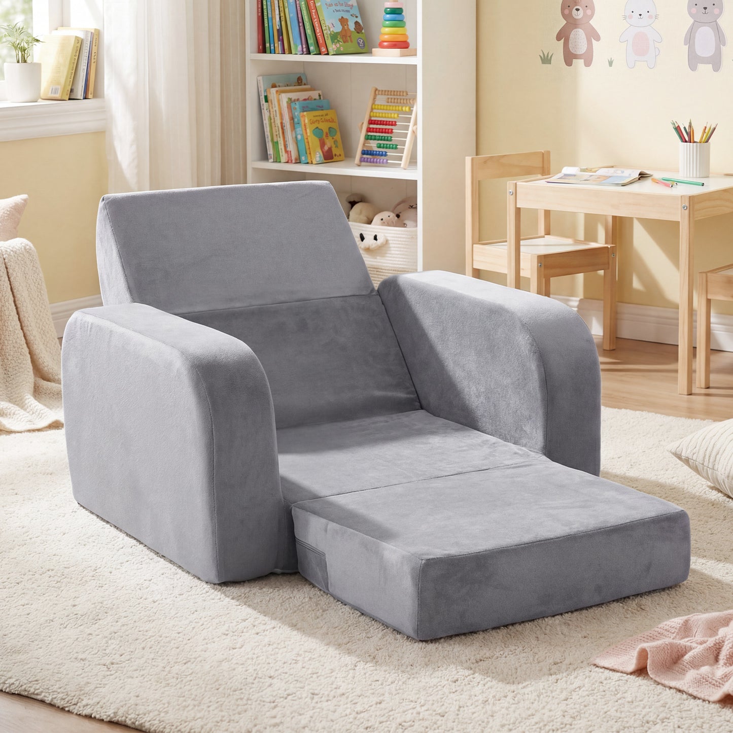 3-in-1 Convertible Kids Sofa Bed with Ultra-soft Crystal Velvet-Grey